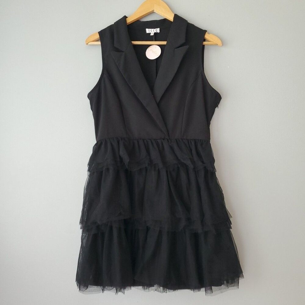 TCEC Black Sleeveless V Neck Layered Tulle Mini Dress Womens Large